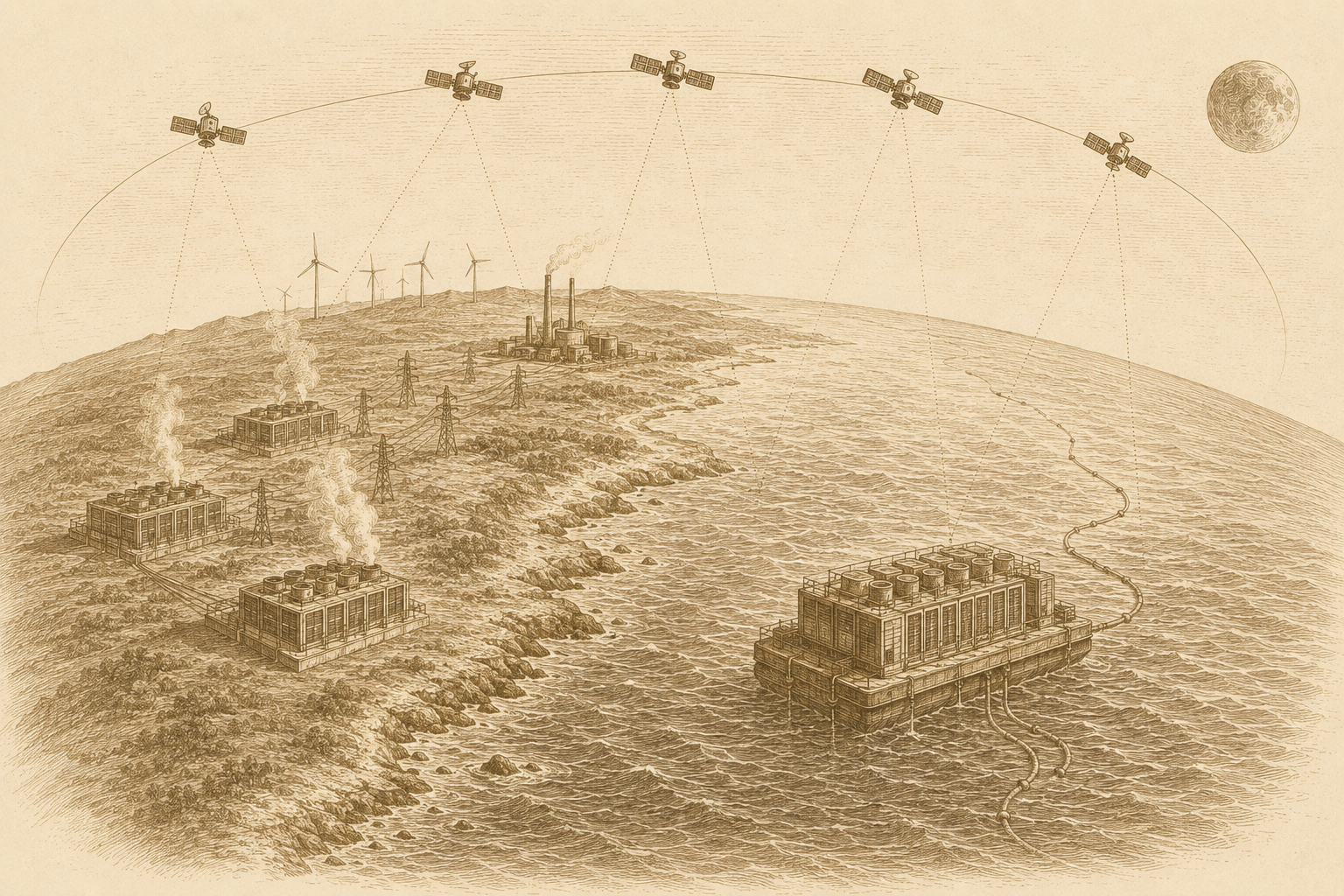Earth seen from above in a bronze-etched scientific-atlas style. On the land at left: wind turbines, transmission lines, a smoking power plant, and three terrestrial data center buildings. On the water at right: a single floating barge data center with subsea cables snaking across the seabed. Above Earth's curve: five satellites arranged in an orbital arc, each connected by dotted laser-link beams down to ground stations below. A faint Moon at the upper right.